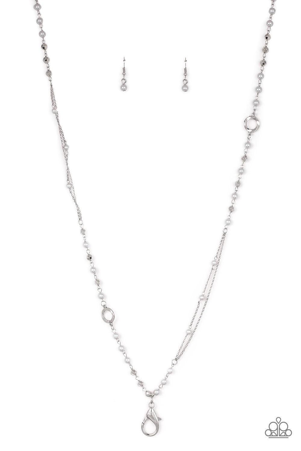 Paparazzi Accessories Really Refined - Silver *Lanyard A collection of pearly silver, twisting silver hoops, and faceted silver beads trickle along an asymmetrical silver chain for a refined look. A lobster clasp hangs from the bottom of the design to all