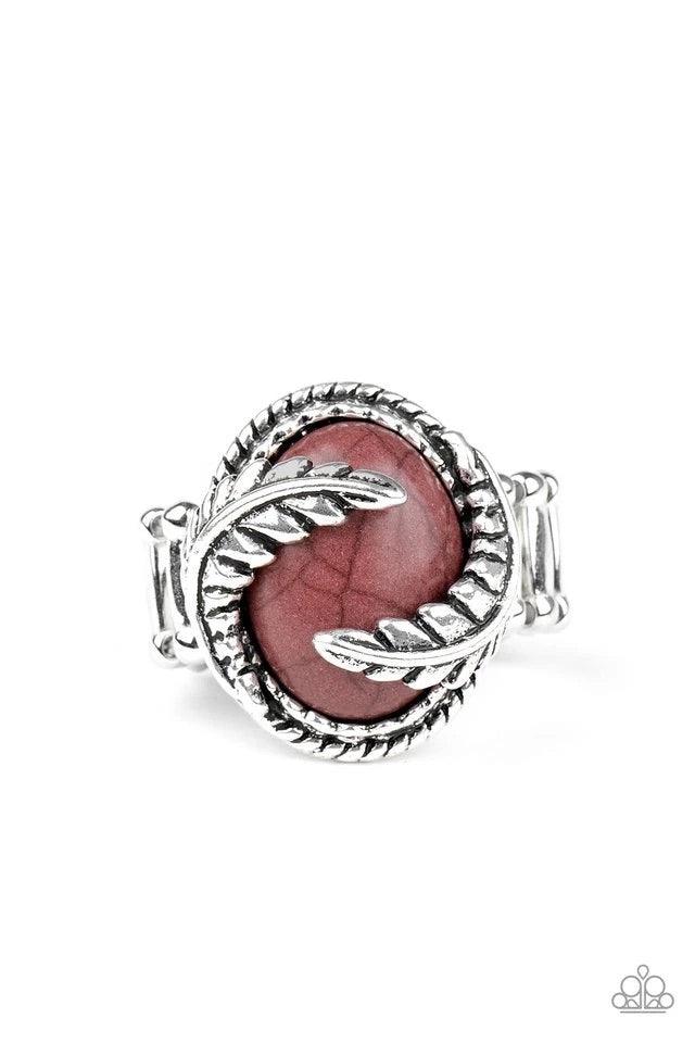 Paparazzi Accessories Palm Panache - Brown Silver palm-like leaves delicately curl around a hearty Fired Brick stone, creating a colorful centerpiece atop the finger. Features a stretchy band for a flexible fit.Sold as one individual ring. Jewelry