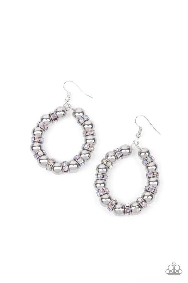 Paparazzi Accessories Cosmic Halo - Multi Glistening silver beads and iridescent rhinestone encrusted silver rings alternate along a dainty wire hoop, creating a glamorous display. Earring attaches to a standard fishhook fitting. Sold as one pair of earri