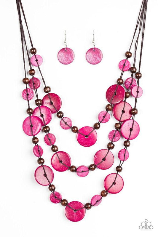 Paparazzi Accessories South Beach Summer - Pink Brushed in a distressed finish, vivacious pink and brown wooden beads trickle along three strands, creating a summery look down the chest. Features a button loop closure. Jewelry