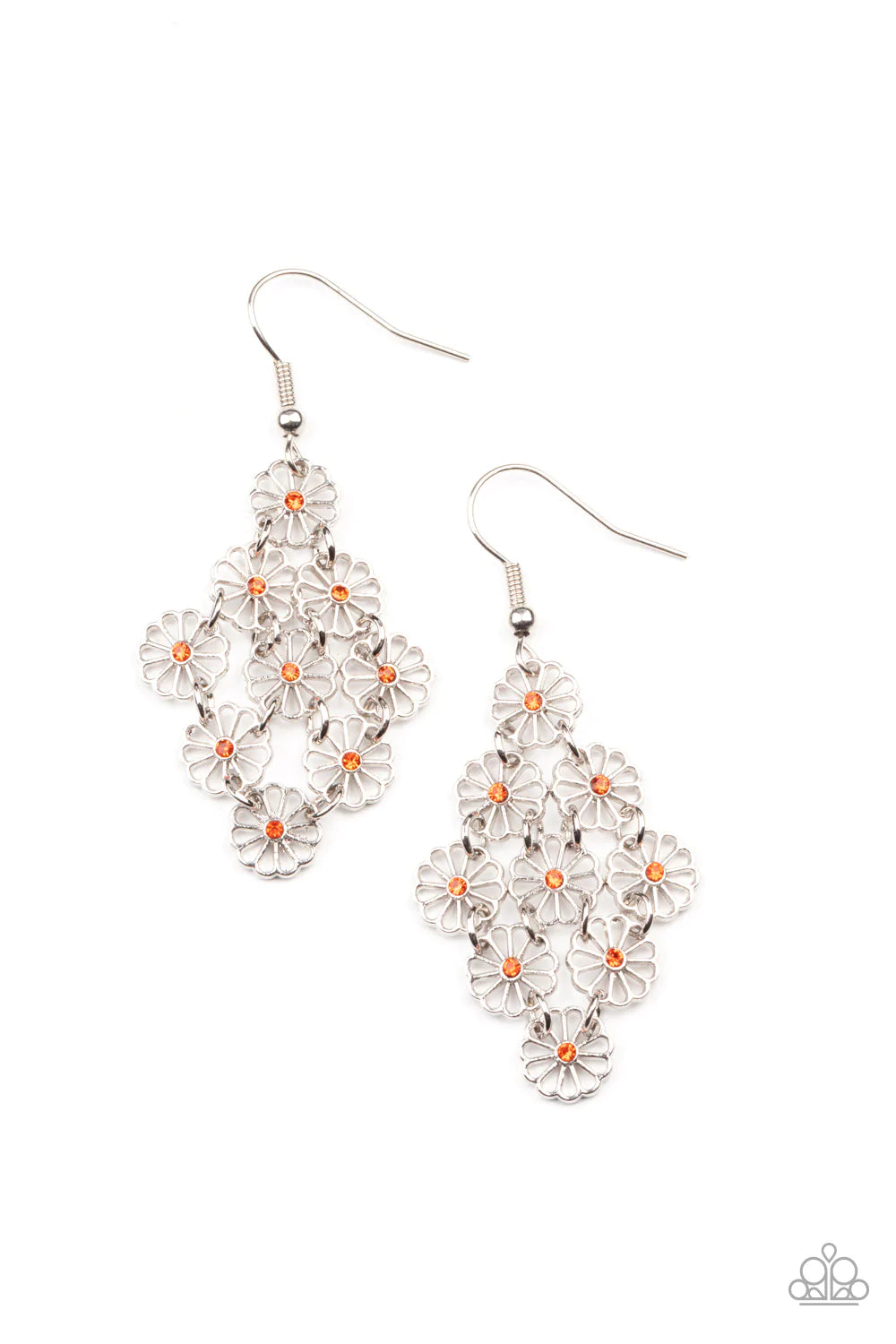 Paparazzi Accessories Bustling Blooms - Orange Dotted with dainty orange rhinestone centers, an airy collection of stenciled silver flowers link into a whimsical floral lure. Earring attaches to a standard fishhook fitting. Sold as one pair of earrings. J