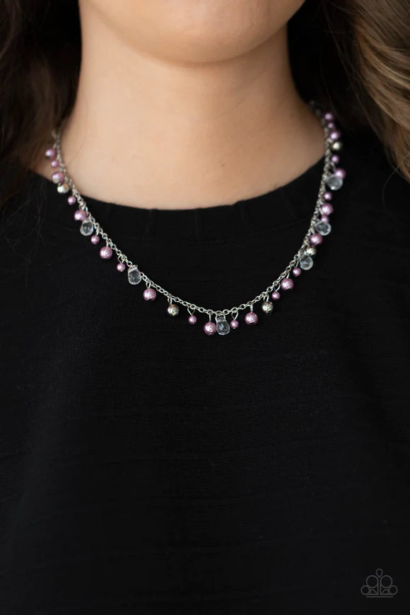 Paparazzi Accessories Pearl Essence - Purple Soft pastel Lavender pearls dangle alongside dainty silver and faceted glass beads as they float gracefully below the collar on a silver chain. Features an adjustable clasp closure. Sold as one individual neckl