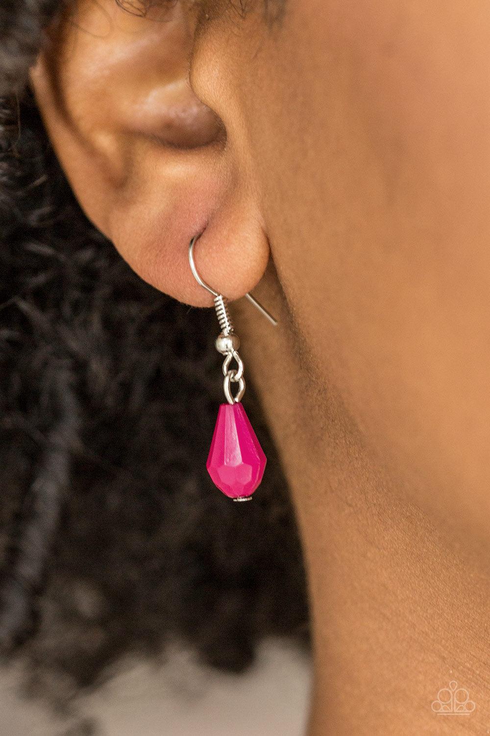 Paparazzi Accessories Modern Macarena - Pink Featuring round and teardrop shapes, clusters of faceted pink beads swing from the bottom of a shimmery silver chain, creating a playful fringe below the collar. Features an adjustable clasp closure. Jewelry