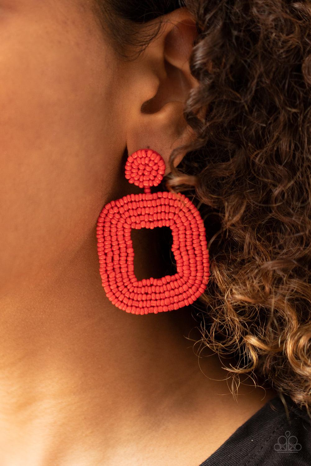 Paparazzi Accessories Beaded Bella - Red Fiery rows of dainty red seed beads adorn the front of a rounded square frame at the bottom of a matching beaded fitting, creating a blissfully beaded look. Earring attaches to a standard post fitting. Sold as one