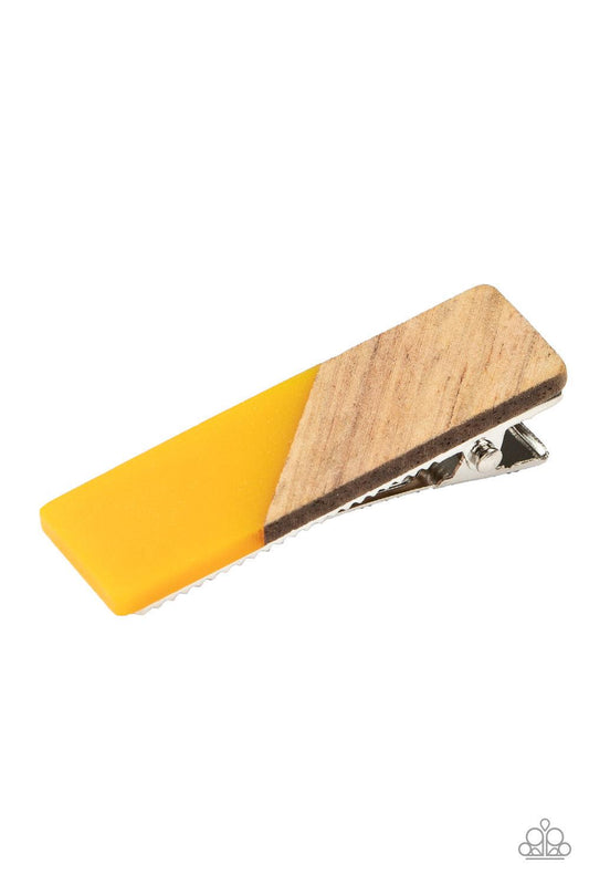 Paparazzi Accessories Never HAIR The End of It - Yellow Featuring a yellow acrylic accent, a rectangular wooden frame attaches to the front of a standard hair clip for a natural inspired look. Features a standard hair clip. Hair Accessories