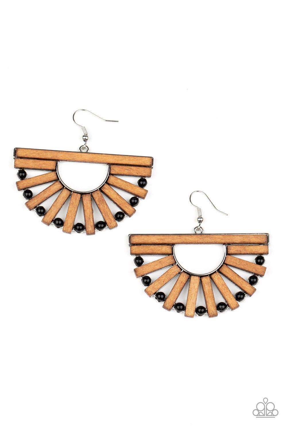 Paparazzi Accessories Wooden Wonderland - Black Wooden rectangular frames and dainty black beads alternate along an airy silver frame, coalescing into a radiant crescent for an earthy flair. Earring attaches to a standard fishhook fitting. Sold as one pai