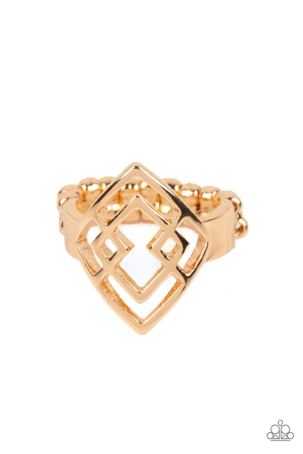 Paparazzi Accessories Diamond Duo - Gold Gold diamond silhouettes stack and interlock into an optical illusion atop the finger, resulting in an edgy geometric statement piece. Features a dainty stretchy band for a flexible fit. Sold as one individual ring