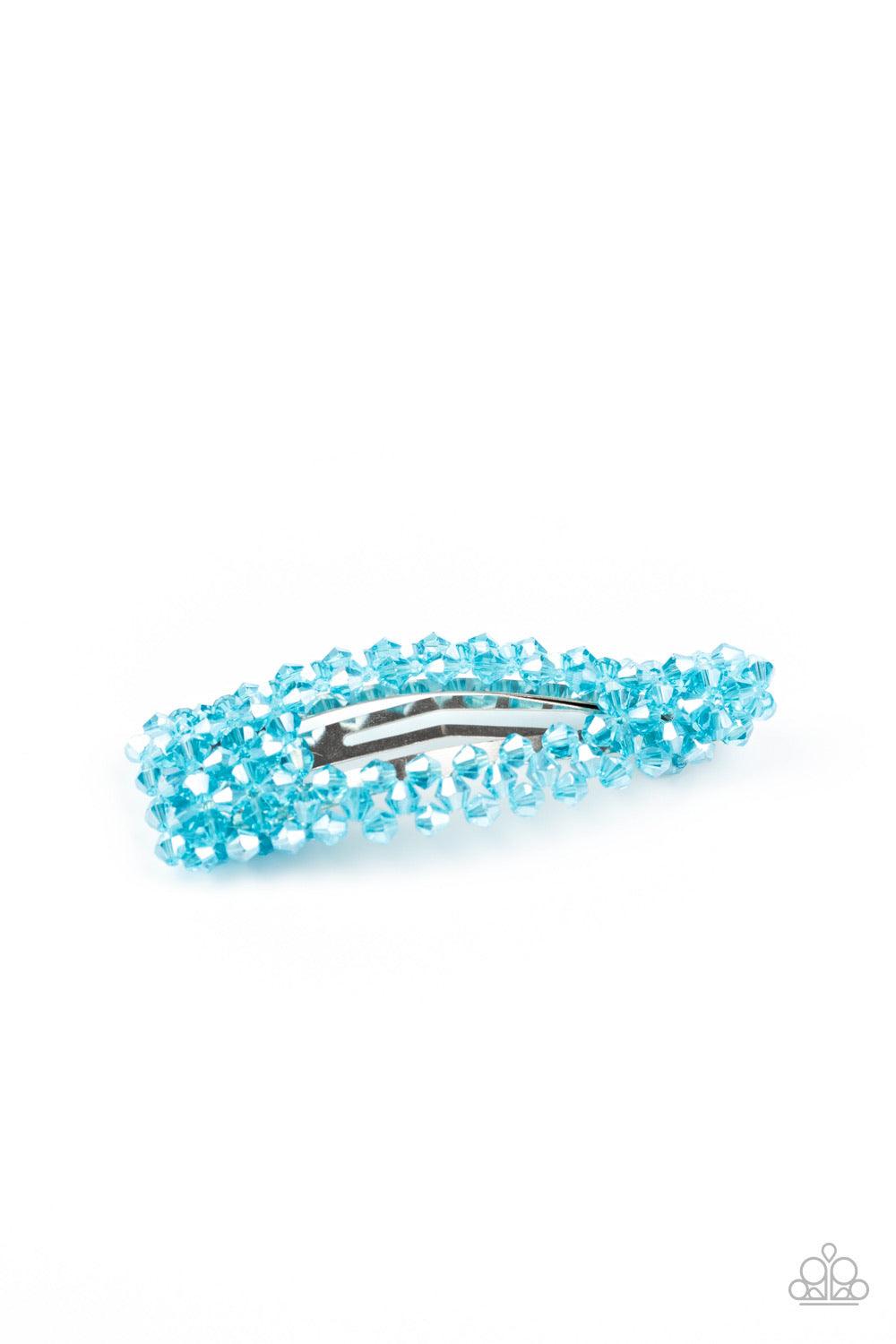 Paparazzi Accessories Just Follow The Glitter - Blue Faceted blue crystal-like beads bedazzle the front of a silver hair clip, creating a glittering piece. Features a standard snap hair clip on the back. Sold as one individual hair clip. Hair Accessories