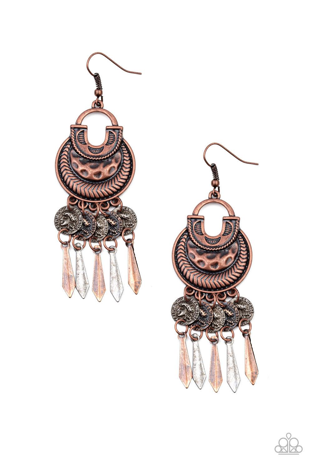 Paparazzi Accessories Give Me Liberty - Multi A shimmery collection of coin-like brass, copper, and silver discs and flared bars dangle from the bottom of an ornately hammered and textured copper frame, creating a fearless fringe. Earring attaches to a st