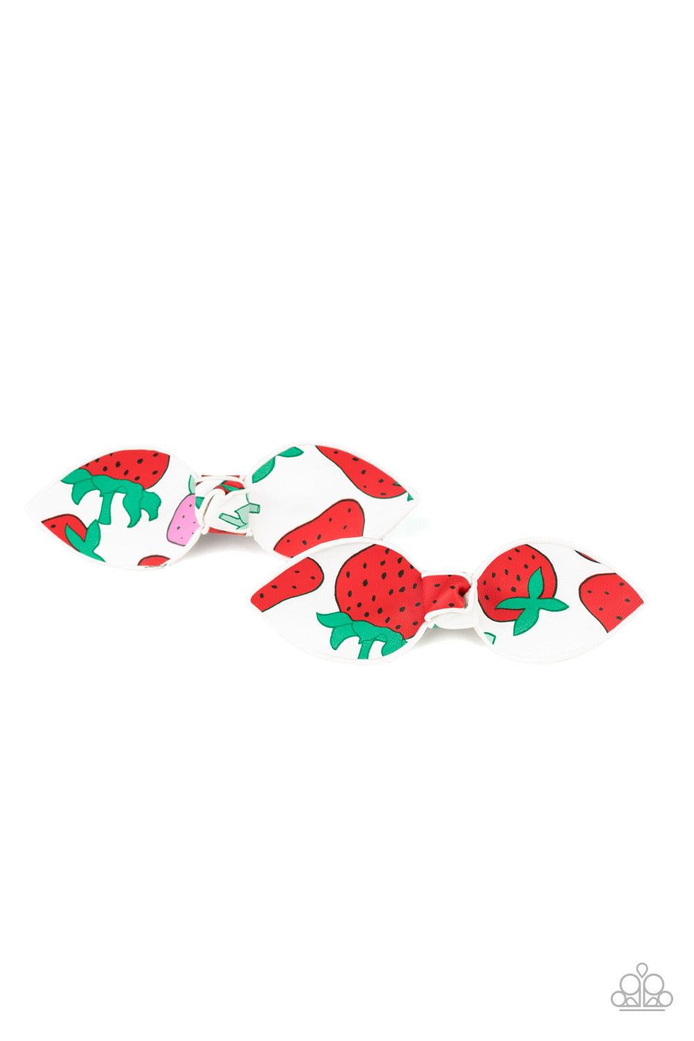 Paparazzi Accessories Strawberry Fields - Multi Featuring a red and pink strawberry print, white leather delicately knots into a pair of fruity bows. Features a standard hair clip on the back. Hair Accessories