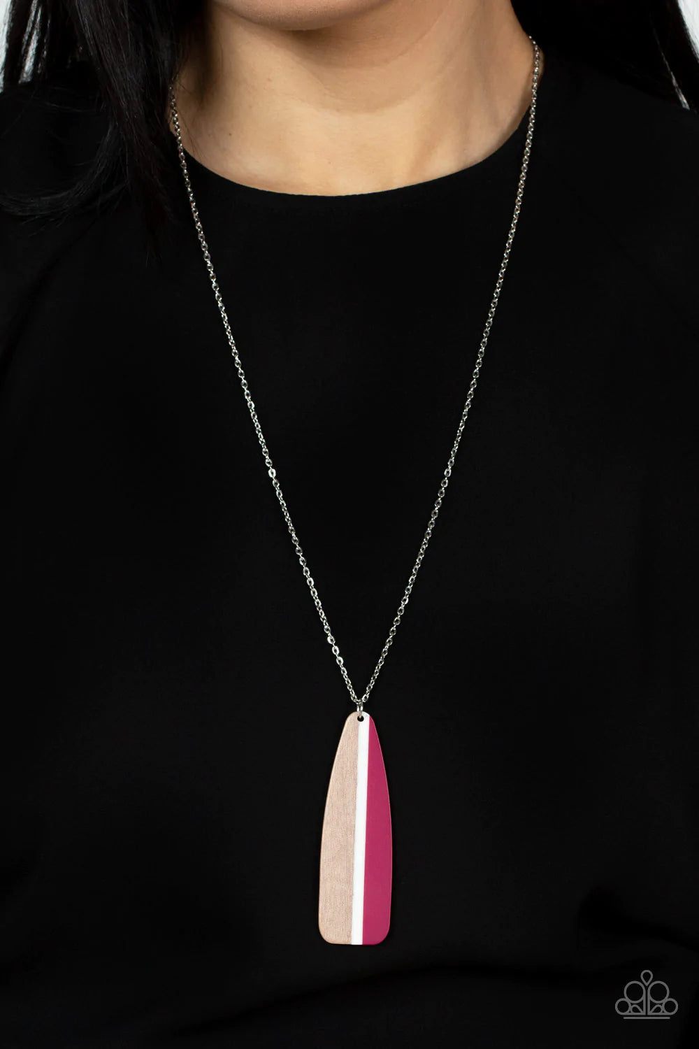 Paparazzi Accessories Grab a Paddle - Pink Featuring a classic linear design of pink, white, and natural wood, a whimsical paddle creates a splashing pendant at the bottom of a lengthened dainty silver chain. Features an adjustable clasp closure. Sold as
