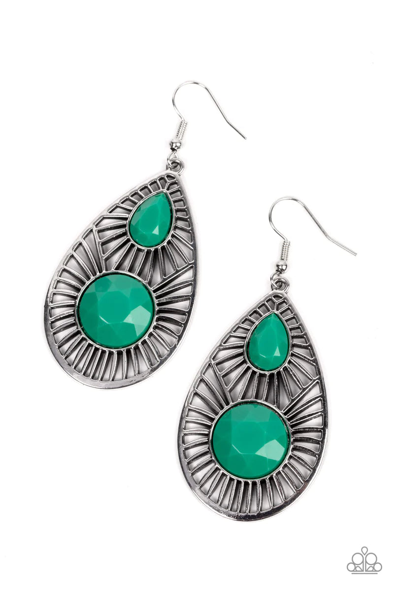 Paparazzi Accessories Prima Donna Diva - Green An oversized pair of faceted round and teardrop Leprechaun beads embellish the front of a shiny silver teardrop radiating with linear stenciled patterns, resulting in a refreshing lure. Earring attaches to a