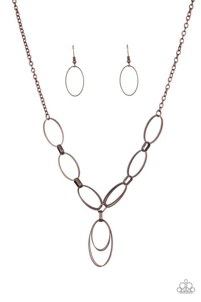 Paparazzi Accessories All OVAL Town - Copper Varying in size, a collection of oval frames swing from the bottom of a strand of double-linked oval frames, creating a casual pendant below the collar. Features an adjustable clasp closure. Jewelry