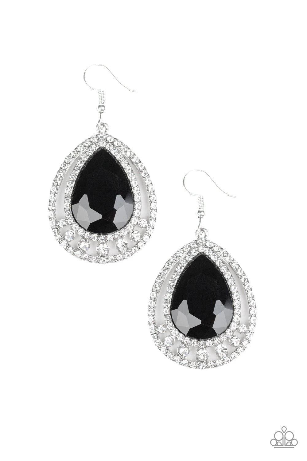 Paparazzi Accessories Millionaire Debonair - Black A dazzling black teardrop rhinestone is pressed into the center of a stack of teardrop frames radiating with glassy white rhinestones, creating a glamorous lure. Earring attaches to a standard fishhook fi