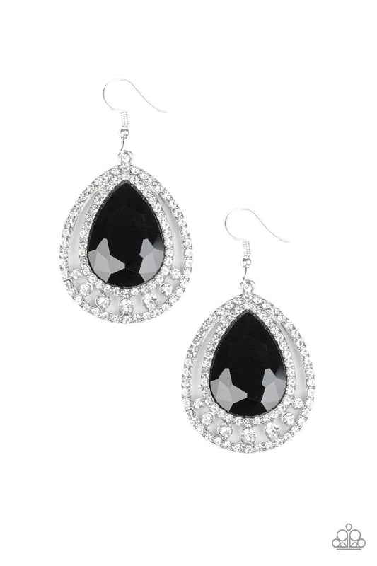 Paparazzi Accessories Millionaire Debonair - Black A dazzling black teardrop rhinestone is pressed into the center of a stack of teardrop frames radiating with glassy white rhinestones, creating a glamorous lure. Earring attaches to a standard fishhook fi