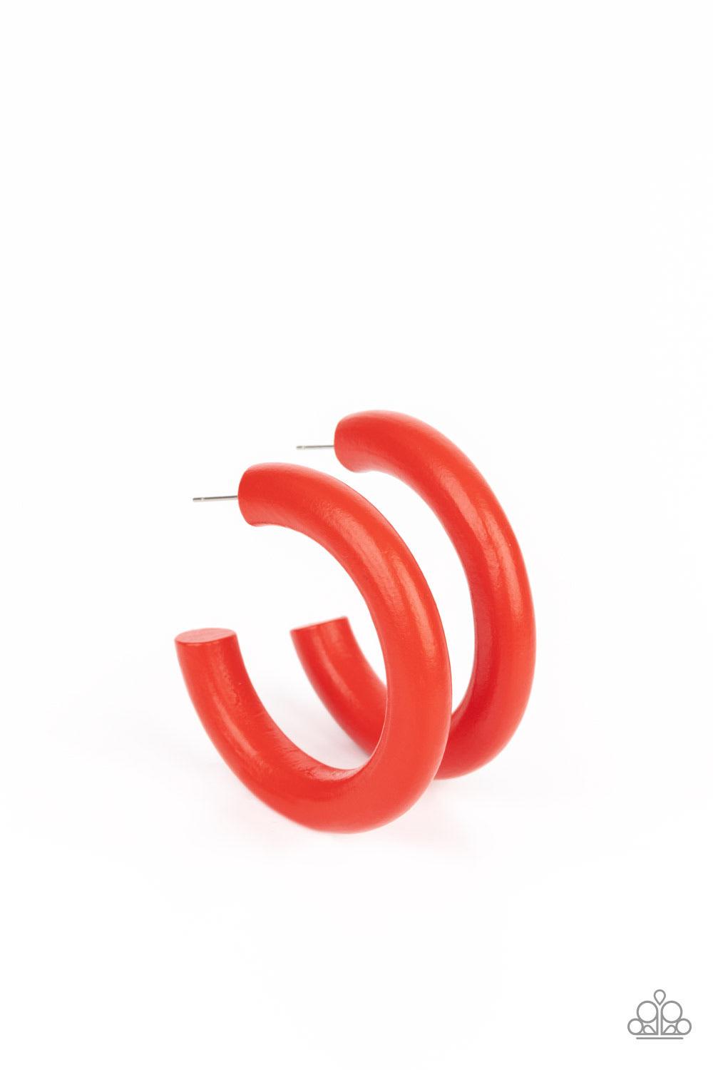 Paparazzi Accessories Woodsy Wonder ~Red Painted in a fiery red finish, a thick wood hoop curls around the ear for a flirtatiously colorful look. Earring attaches to a standard post fitting. Hoop measures approximately 2" in diameter. Sold as one pair of