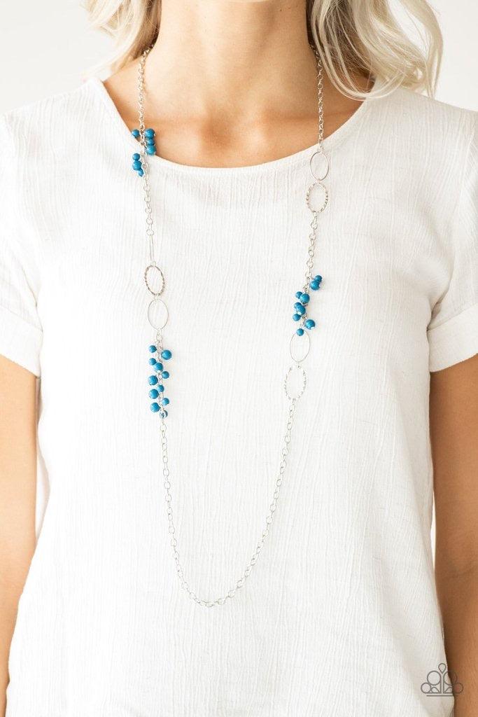 Paparazzi Accessories Flirty Foxtrot - Blue Smooth and hammered silver rings join clusters of refreshing blue beads along a shimmery silver chain for a colorful look. Features an adjustable clasp closure. Sold as one individual necklace. Includes one pair