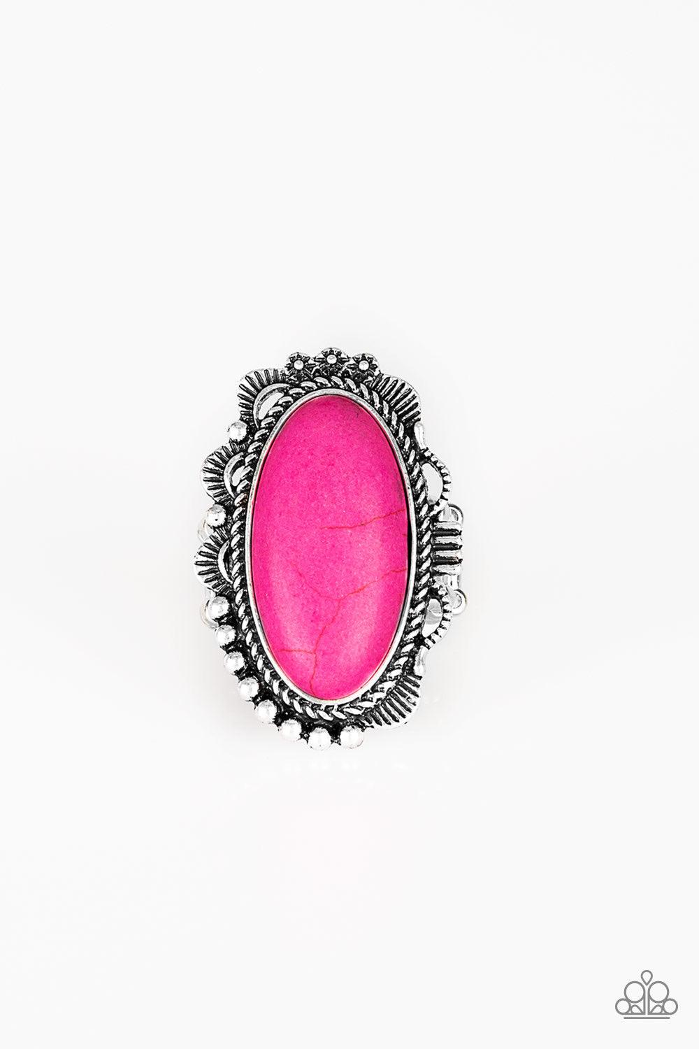 Paparazzi Accessories Open Range - Pink A vivacious pink stone is pressed into an ornate silver frame rippling with studded and serrated textures for a seasonal flair. Features a stretchy band for a flexible fit. Sold as one individual ring. Jewelry