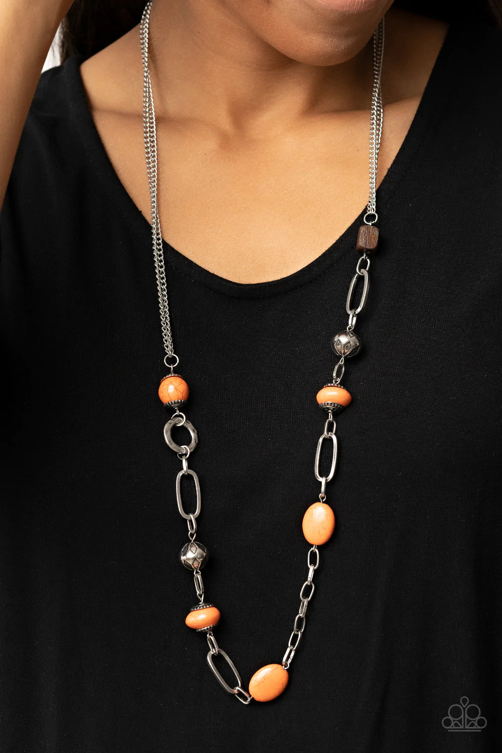 Paparazzi Accessories Barefoot Bohemian - Orange A whimsical collection of earthy wooden beads, decorative silver accents, and burnt orange stones delicately connects across the chest below doubled silver chains for an artisan expression. Features an adju