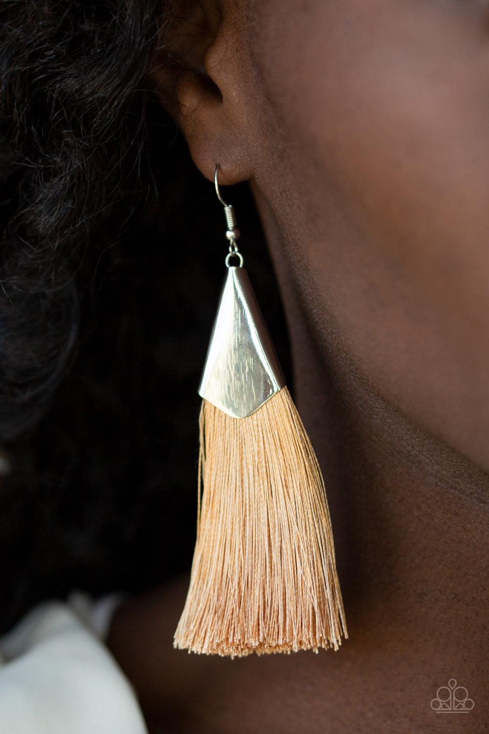 Paparazzi Accessories In Full PLUME - Brown A plume of shiny brown thread streams out from a triangular silver fitting, creating a flirty tassel. Earring attaches to a standard fishhook fitting. Jewelry