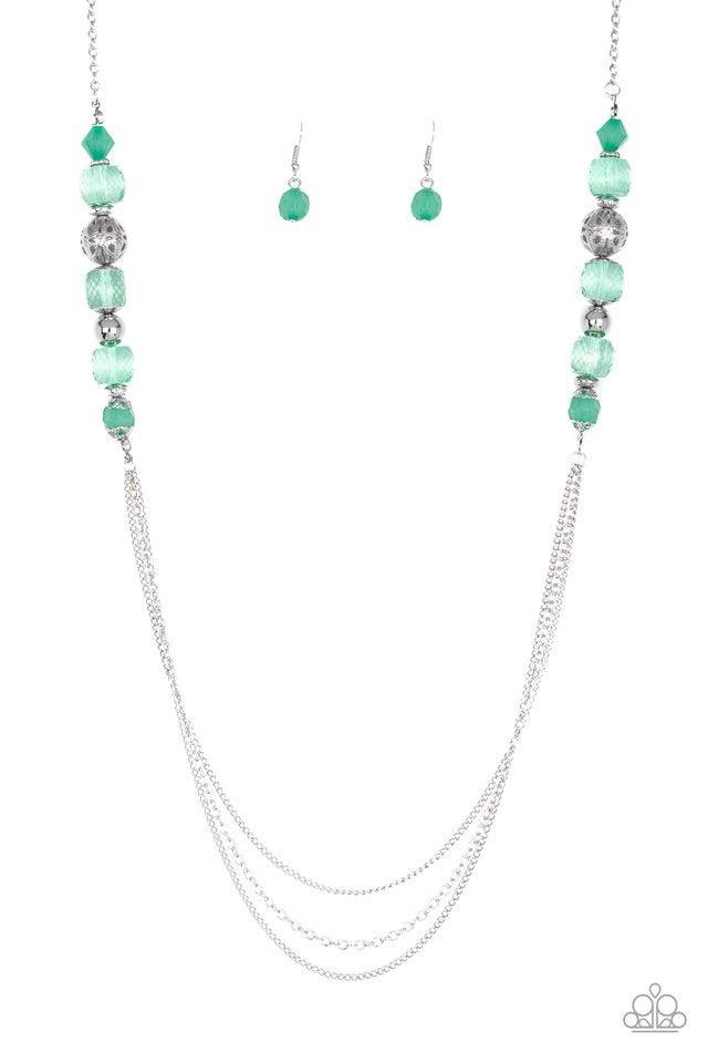 Paparazzi Accessories Native New Yorker - Green A collection of ornate silver accents and glassy and opaque green crystal-like beads give way to shimmery silver layers for a refined look. Features an adjustable clasp closure. Jewelry