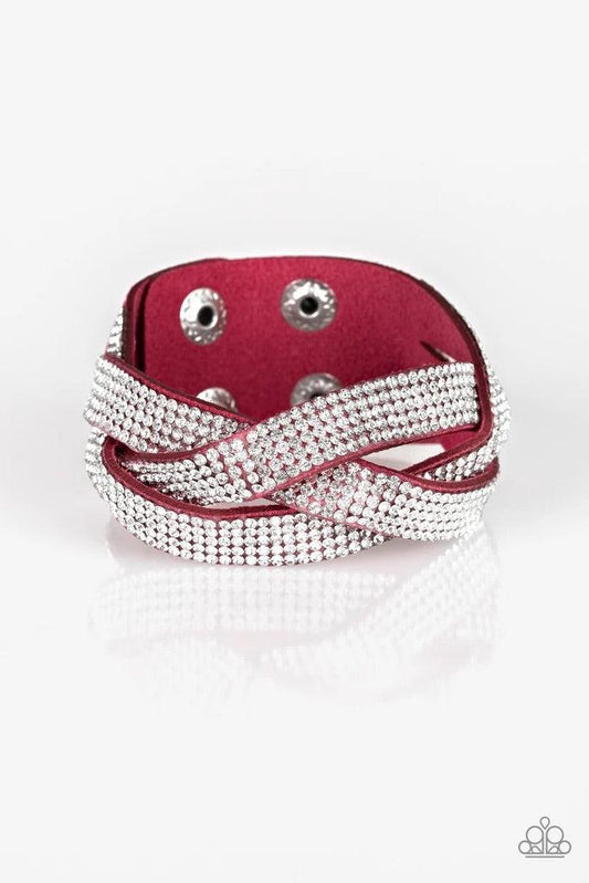 Paparazzi Accessories Nice Girls Finish Last - Pink Encrusted in row after row of glittery white rhinestones, three pink suede bands braid across the wrist for a sassy look. Features an adjustable snap closure. Sold as one individual bracelet. Jewelry