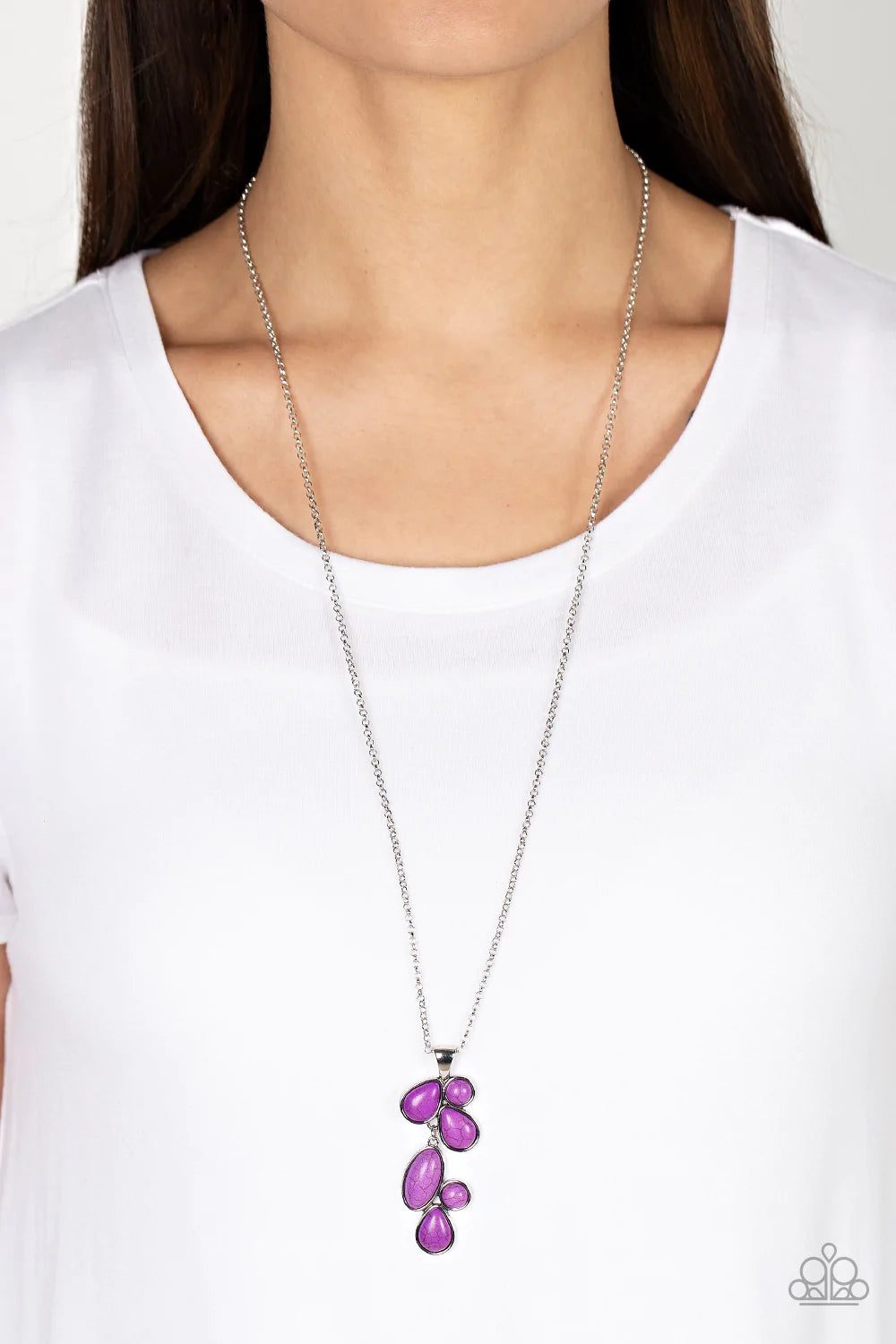 Paparazzi Accessories Wild Bunch Flair - Purple Encased in sleek silver frames, a vivacious collection of purple round, oval, and teardrop frames link into a whimsical pendant at the bottom of an extended silver chain. Features an adjustable clasp closure
