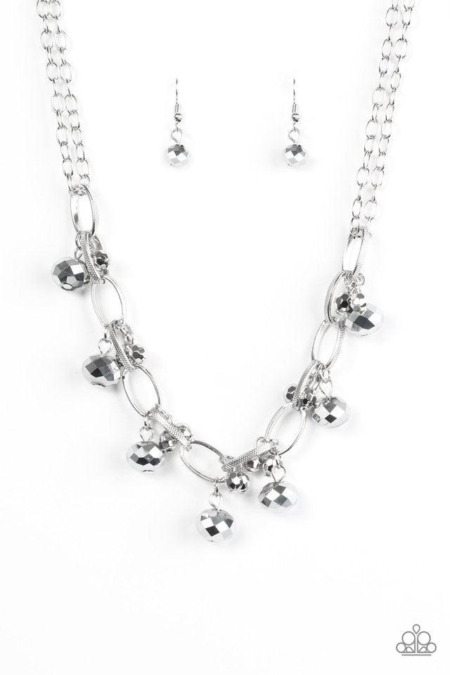 Paparazzi Accessories Let’s Get This FASHION Show On The Road - Silver Featuring a metallic shimmer, faceted hematite beads swing from the bottom of bold silver links. Clusters of faceted silver beads join the metallic gems, creating a dramatic fringe bel