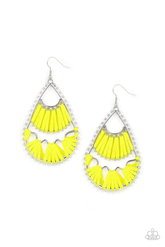 Paparazzi Accessories Samba Scene - Yellow Samba Scene Yellow Earrings are studded, teardrop-shaped hoops have yellow-threaded patterns throughout for a fresh, seasonal look. Featured in the EMP Spring Pack. Paparazzi accessories are all lead free and nic