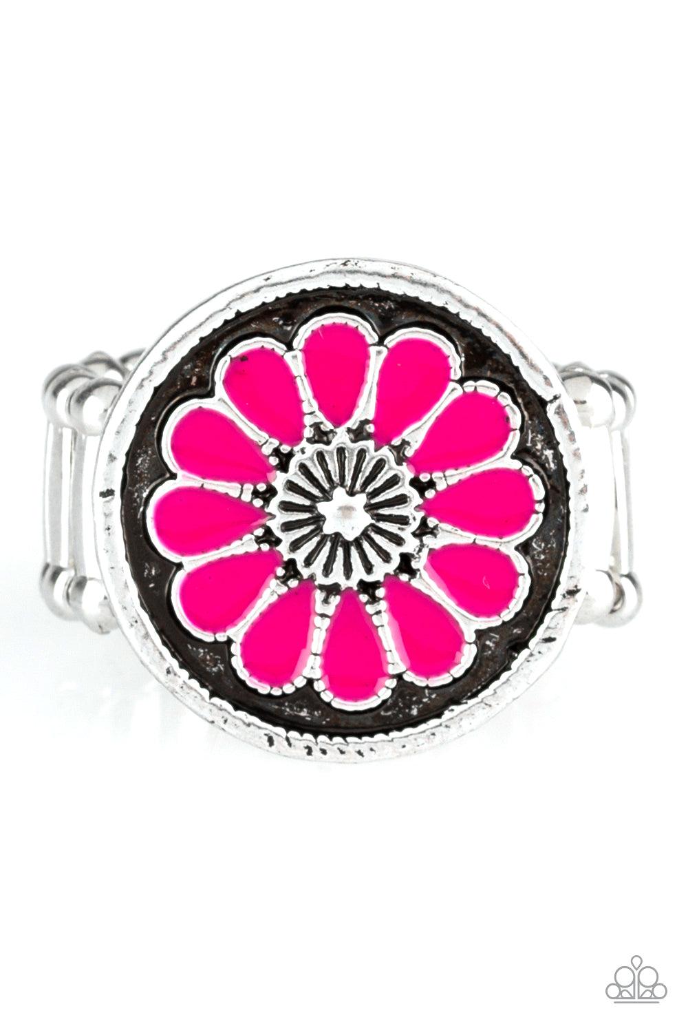 Paparazzi Accessories Garden View - Pink Brushed in an antiqued shimmer, vivacious pink petals spin into a whimsical floral pattern atop the finger. Features a stretchy band for a flexible fit. Sold as one individual ring. Jewelry