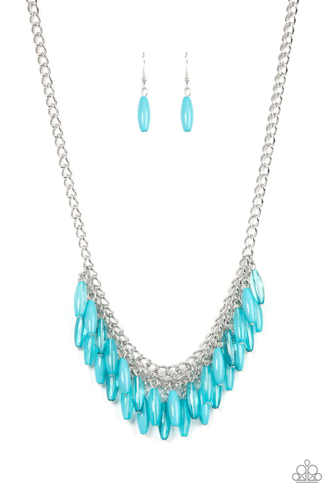 Paparazzi Accessories Beach House Hustle - Blue Varying in opaque, acrylic, and glassy finishes, a refreshing collection of oblong blue beads cascade from interlocked silver chains below the collar, resulting in a whimsical fringe. Features an adjustable