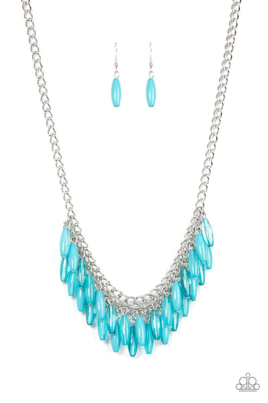 Paparazzi Accessories Beach House Hustle - Blue Varying in opaque, acrylic, and glassy finishes, a refreshing collection of oblong blue beads cascade from interlocked silver chains below the collar, resulting in a whimsical fringe. Features an adjustable