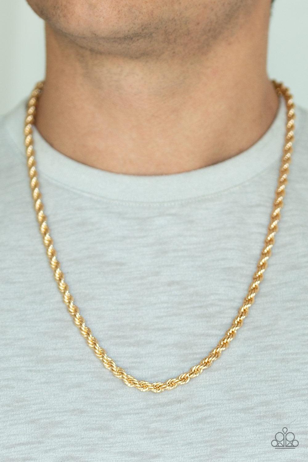 Paparazzi Accessories Double Dribble - Gold Brushed in a high-sheen finish, a thick gold rope chain drapes across the chest for a classic, upscale look. Features an adjustable clasp closure. Jewelry