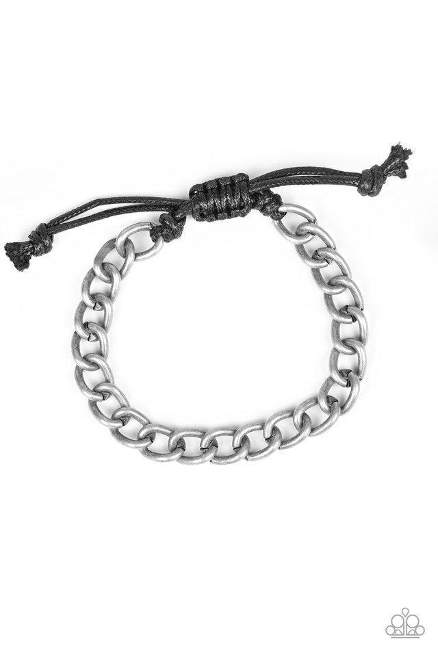 Paparazzi Accessories Sideline - Silver Shiny black cording knots around the ends of a tin-finished silver cable chain that is wrapped across the top of the wrist for a versatile look. Features an adjustable sliding knot closure. Sold as one individual br