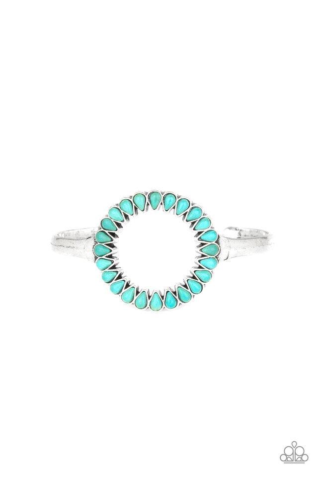 Paparazzi Accessories Divinely Desert - Blue Chiseled into tranquil teardrops, earthy turquoise stones spin around the center of an antiqued silver cuff for a seasonal look. Jewelry