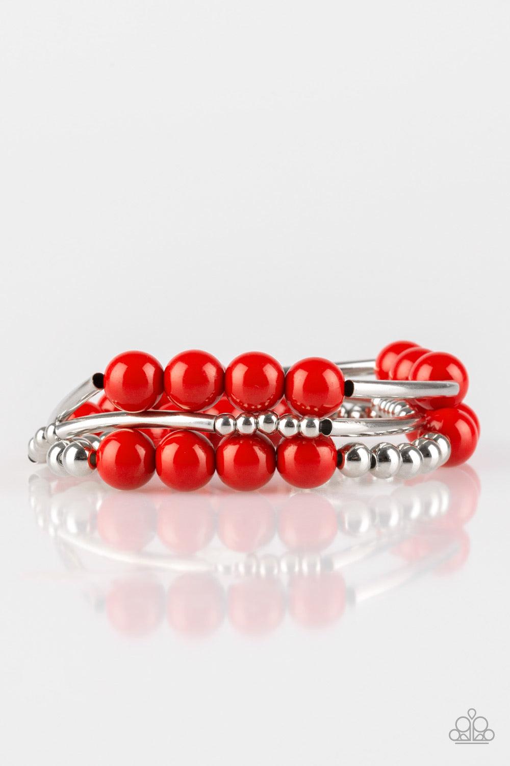 Paparazzi Accessories New Adventures - Red Polished red beads and mismatched silver beads are threaded along stretchy bands, creating colorful layers across the wrist. Jewelry