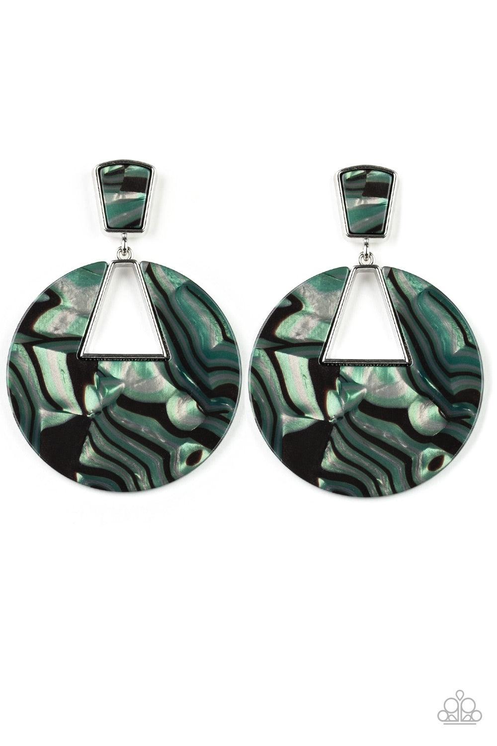 Paparazzi Accessories Let HEIR Rip! - Green Featuring a faux marble finish, a shimmering acrylic frame swings from the bottom of a matching acrylic fitting for a refined, retro look. Earring attaches to a standard post fitting. Jewelry