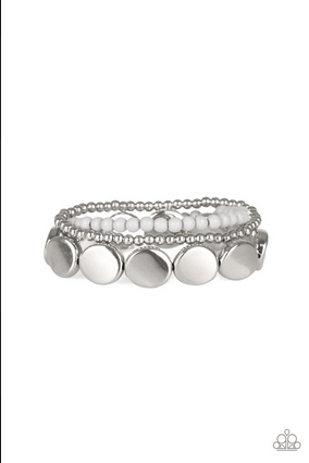 Paparazzi Accessories Beyond The Basics - Silver Mismatched silver and gray beads and round silver accents are threaded along stretchy bands, creating colorful layers around the wrist. Sold as one set of three bracelets. Jewelry