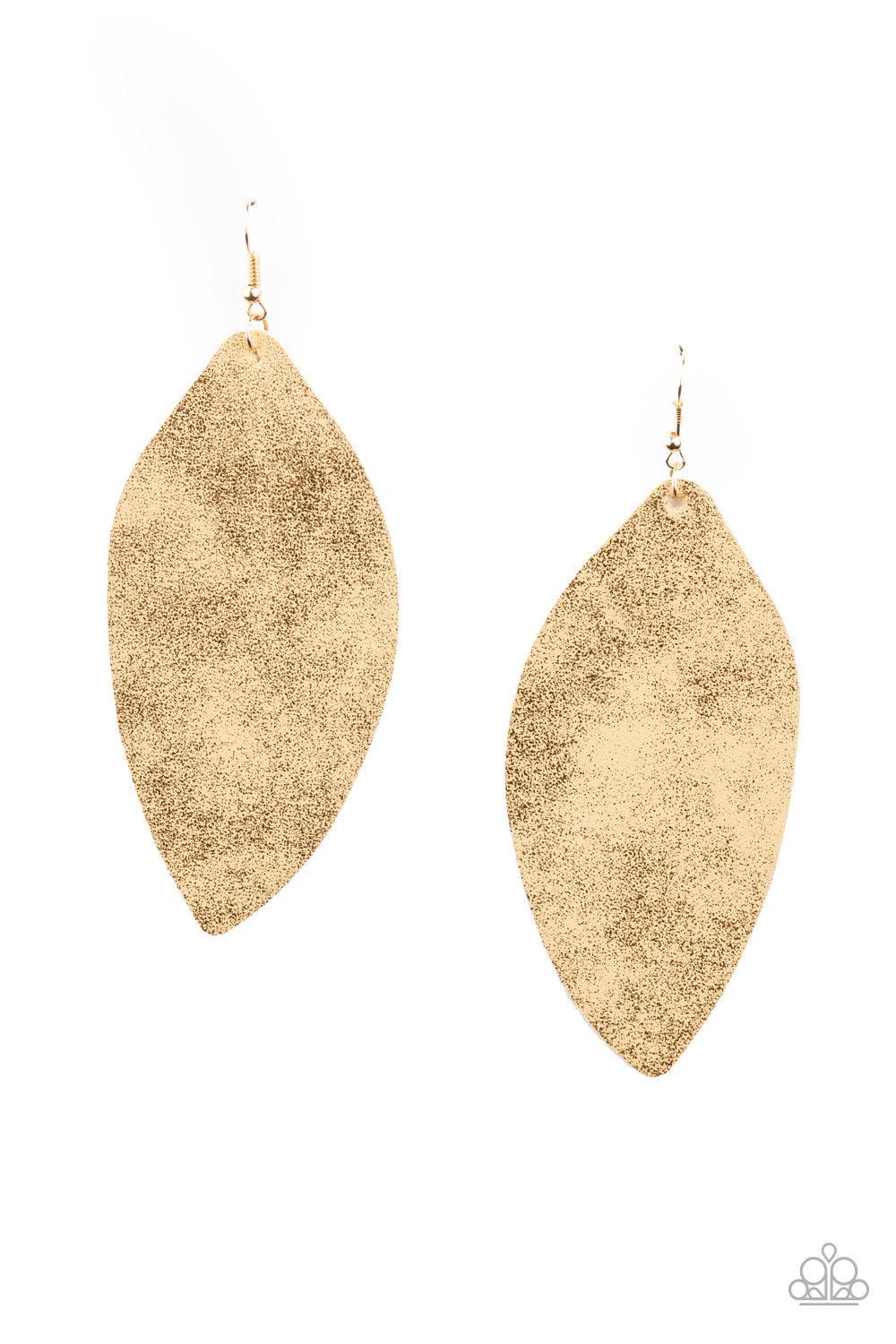 Paparazzi Accessories Serenely Smattered - Gold Dusted in a golden shimmer, an asymmetrical piece of leather swings from the ear in a statement-making fashion. Earring attaches to a standard fishhook fitting. Jewelry