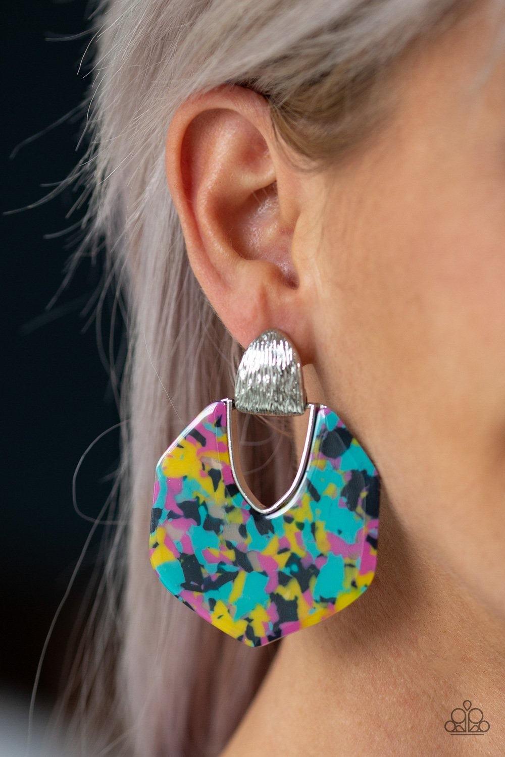 Paparazzi Accessories My Animal Spirit - Multi Brushed in a faux marble finish, a colorfully speckled acrylic frame swings from the bottom of a silver fitting radiating with shimmery detail for a retro look. Earring attaches to a standard post fitting. Je