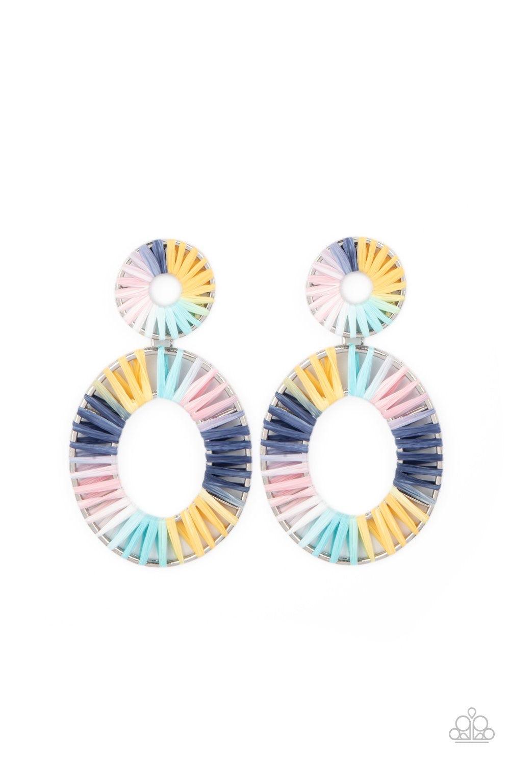 Paparazzi Accessories Foxy Flamenco - Multi Tie dyed wicker-like accents wrap around an oversized silver oval and dainty circular frame, linking into a colorful lure. Earring attaches to a standard post fitting. Sold as one pair of post earrings. Jewelry