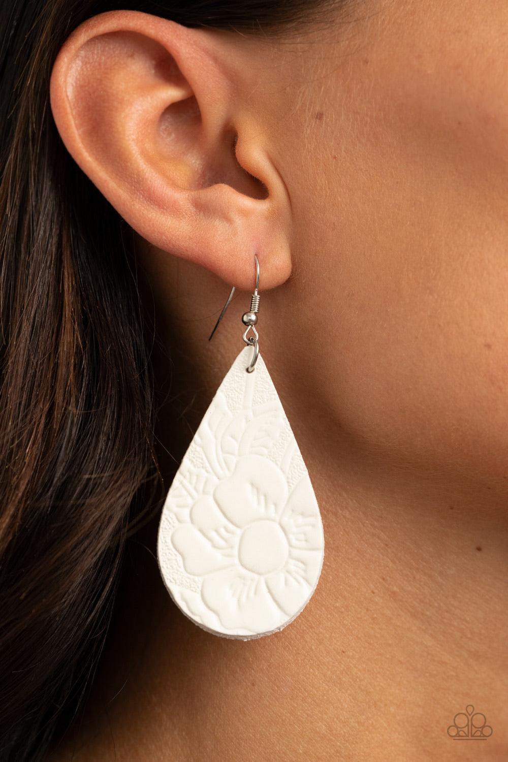 Paparazzi Accessories Beach Garden - White Embossed in a leafy floral pattern, an earthy white leather teardrop swings from the ear for a whimsical look. Earring attaches to a standard fishhook fitting. Sold as one pair of earrings. Jewelry