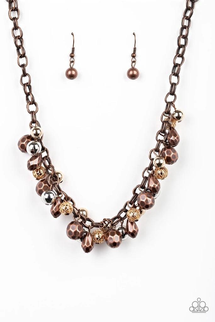 Paparazzi Accessories Building My Brand - Multi Featuring shiny, faceted, and mesh finishes, mismatched copper, gold, and silver beads trickle below the collar for an edgy industrial look. Features an adjustable clasp closure. Sold as one individual neckl