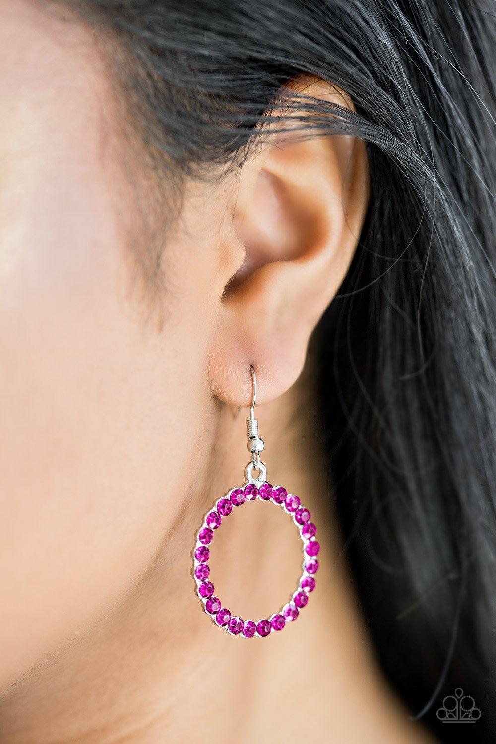 Paparazzi Accessories Bubbilicious - Pink Glittery pink rhinestones are encrusted along a circular silver frame, creating a bubbly frame. Earring attaches to a standard fishhook fitting. Sold as one pair of earrings. Jewelry