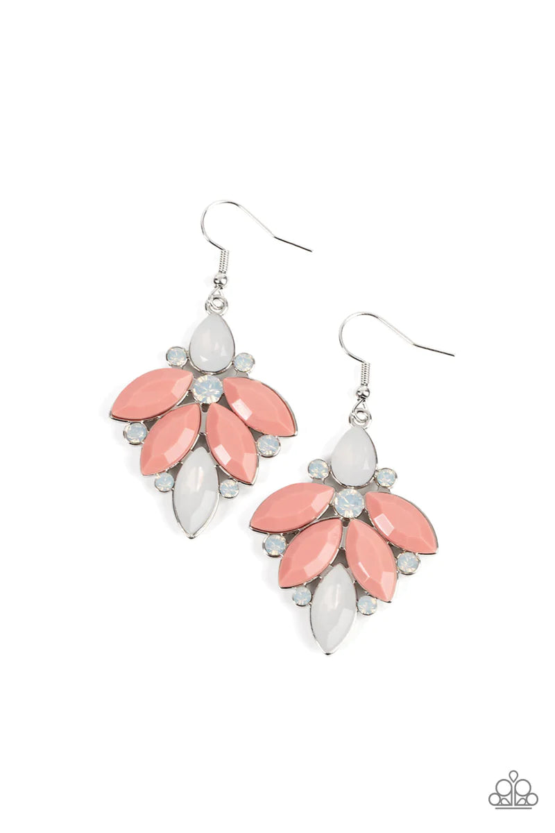 Paparazzi Accessories Fantasy Flair - Pink Infused with opal white rhinestones, glassy and acrylic Pale Rosette beads fan out into an elegantly ethereal frame. Earring attaches to a standard fishhook fitting. Sold as one pair of earrings. Jewelry