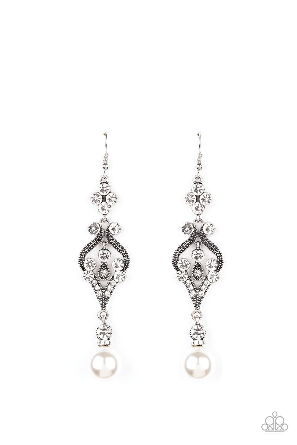 Paparazzi Accessories Elegantly Extravagant - White An oversized white pearl dangles from the bottom of a flowery silver frame dotted in sections of glassy white rhinestones for an elegant look. Earring attaches to a standard fishhook fitting. Jewelry