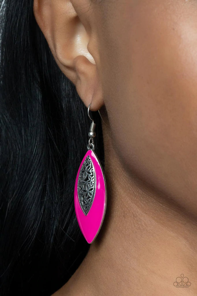 Paparazzi Accessories Venetian Vanity - Pink Asymmetrically bordered in a Fuchsia Fedora frame, airy silver filigree blooms along the center of a colorful lure for a seasonal flair. Earring attaches to a standard fishhook fitting. Sold as one pair of earr