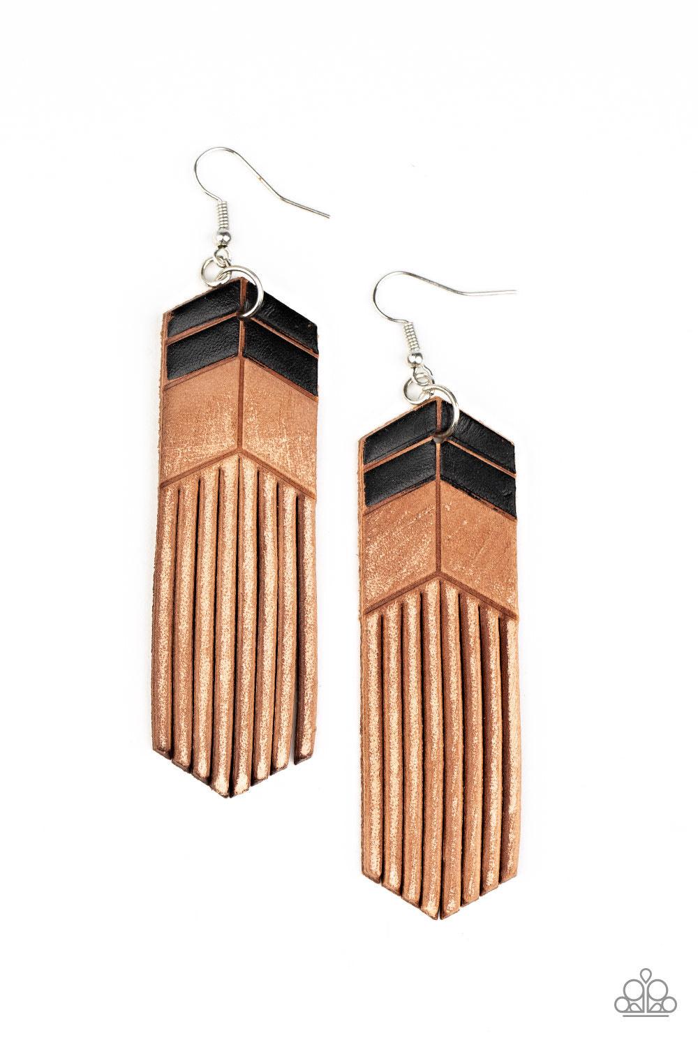 Paparazzi Accessories Desert Trails - Black Painted in black chevron-like details, a distressed leather frame is spliced into tasseled ends, creating an earthy fringe. Earring attaches to a standard fishhook fitting. Sold as one pair of earrings. Jewelry