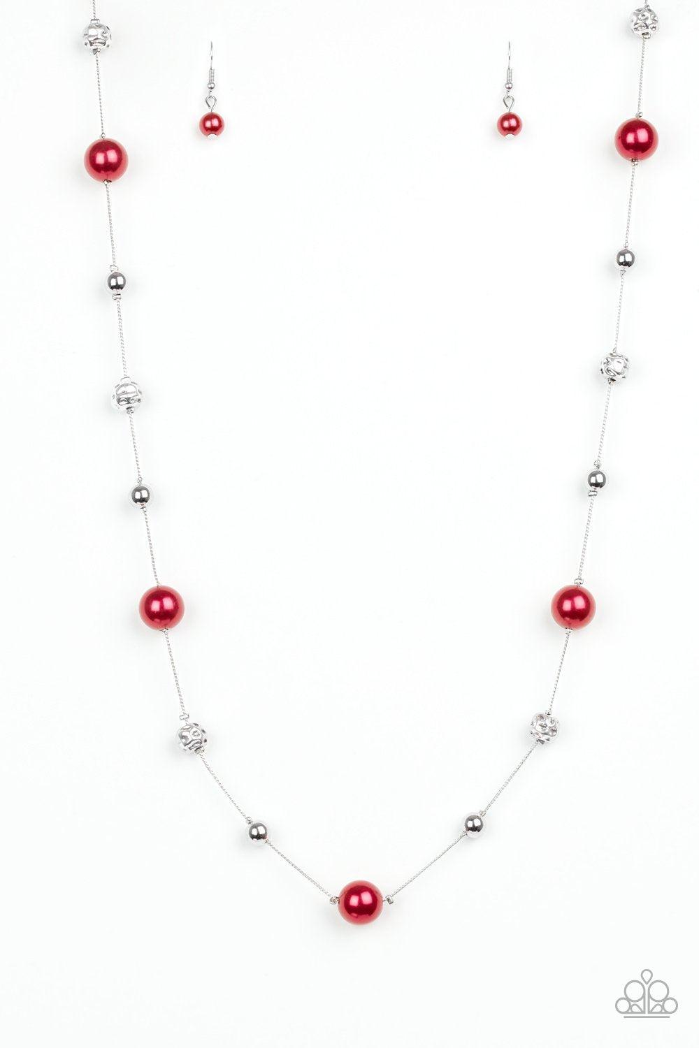 Paparazzi Accessories Eloquently Eloquent - Red Infused with pearly red accents, classic silver and delicately hammered silver beads trickle along an elegantly elongated silver chain for a refined look. Features an adjustable clasp closure. Sold as one in