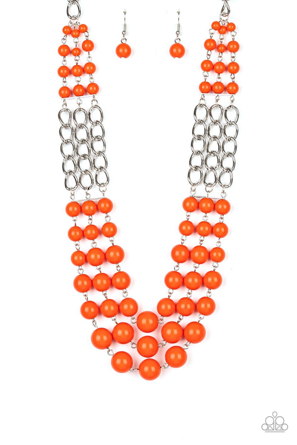 Paparazzi Accessories A La Vogue - Orange Sections of thick silver chains and bubbly orange beaded rows layer below the collar, creating statement-making layers. Features an adjustable clasp closure. Jewelry